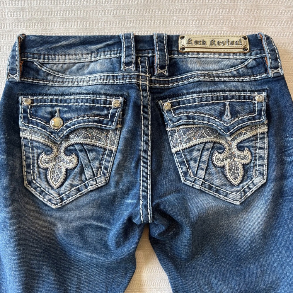 Rock Revival‎ Kylie Bootcut Jeans Womens 25 Medium Wash Embellished Flap Pocket